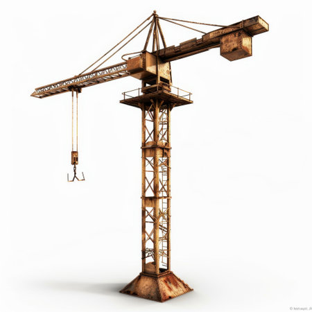 A detailed image of a rusty construction crane on a white background, perfect for industrial themes and creative projects showcasing machinery in urban settings.の素材
