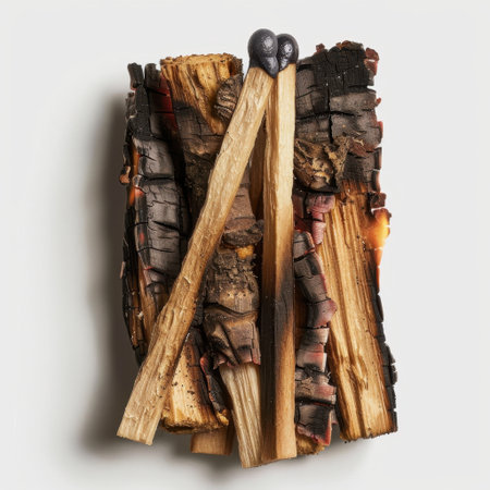 This image features a carefully arranged stack of firewood, complete with charred logs and striking matches, ideal for depicting warmth and preparation for outdoor activities or home settings.の素材