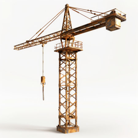 A detailed image of a rusty construction crane highlighting its sturdy structure and machinery, ideal for urban development concepts and industrial themes.の素材
