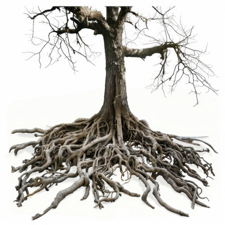 This striking image captures a gnarled tree with exposed roots and barren branches, showcasing the raw beauty and resilience of nature in a minimalist setting.の素材