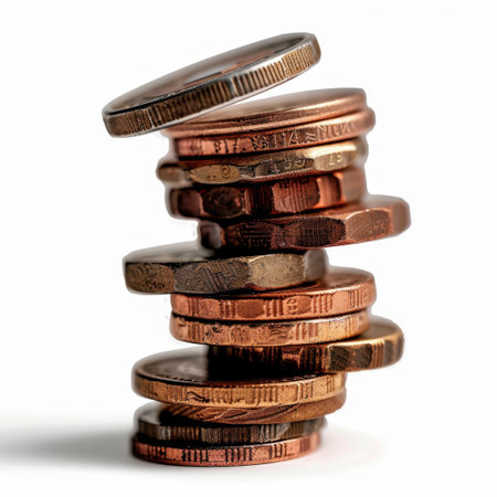 A striking image of stacked coins in various sizes and textures, showcasing currency reflections. The minimalist background enhances the focus on finance and wealth themes.の素材