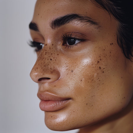 This close-up portrait features a young woman with beautiful freckles and radiant skin. The soft lighting captures her unique features, showcasing natural beauty and confidence.の素材