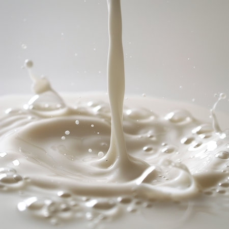 A captivating view of fresh milk pouring and creating splashes, showcasing smooth textures and droplets. Perfect for food photography and culinary inspiration.の素材
