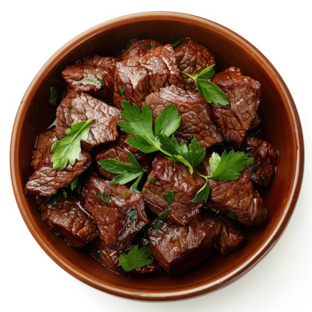 This appetizing image showcases tender chunks of beef in a rich sauce, garnished with fresh parsley, perfect for food enthusiasts and culinary presentations.の素材