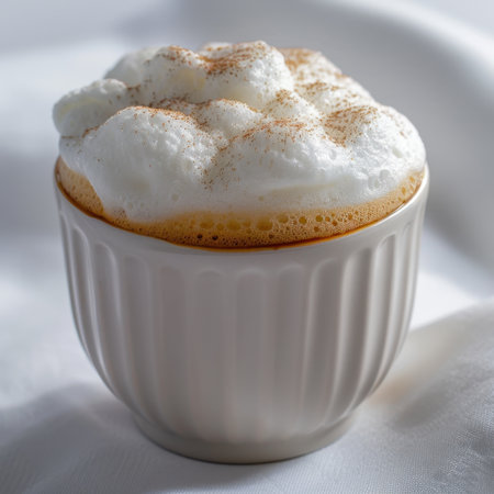A close-up view of a creamy coffee drink topped with fluffy foam and a sprinkle of cinnamon, elegantly presented in a white cup against a soft fabric background.の素材