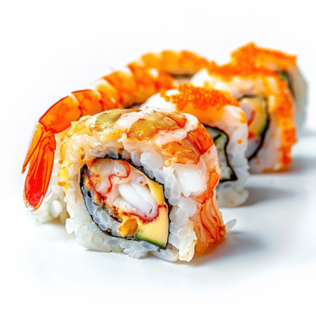 This image showcases vibrant sushi rolls featuring shrimp, avocado, and crab, artfully arranged on a white surface, perfect for enticing food lovers and culinary enthusiasts.の素材