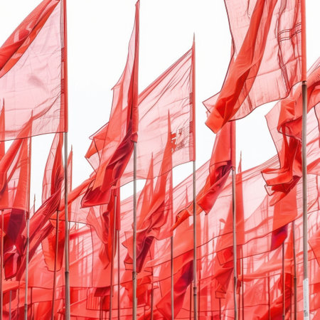 A stunning display of vibrant red flags swaying gracefully in the wind under a clear sky, symbolizing celebration, unity, and dynamic energy in a captivating scene.の素材