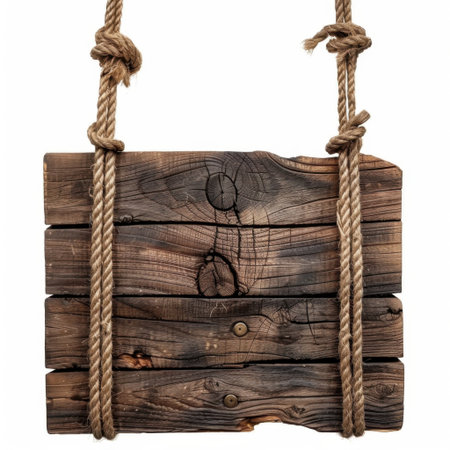 A rustic wooden sign suspended by sturdy rope, showcasing a weathered look with rich textures, perfect for home decor or personalized messaging options.の素材
