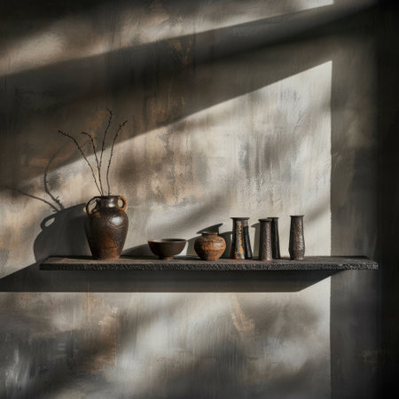 A beautiful still life showcasing earthy pottery arranged on a shelf against a textured wall. Warm tones and shadow patterns create a serene, artistic atmosphere.の素材