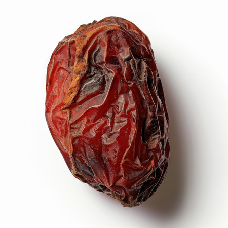A single dried date fruit displayed against a white background, highlighting its rich, deep brown color and unique texture, perfect for healthy snacking or culinary uses.の素材