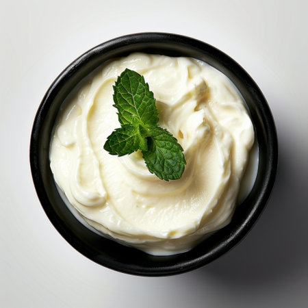 A creamy yogurt dip served in a simple black bowl, beautifully garnished with fresh mint leaves, perfect for enhancing any recipe or food presentation.の素材