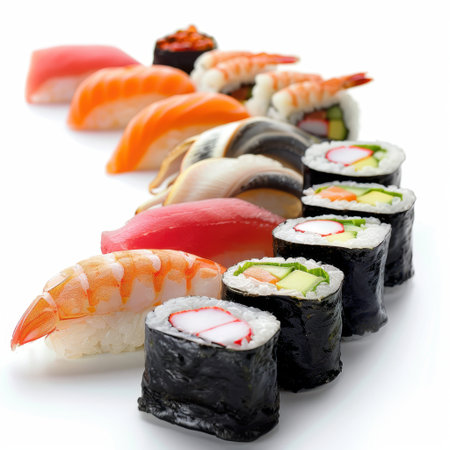 This stunning assortment of sushi highlights vibrant colors and fresh ingredients, perfect for showcasing Japanese cuisine in food photography or restaurant menus.の素材