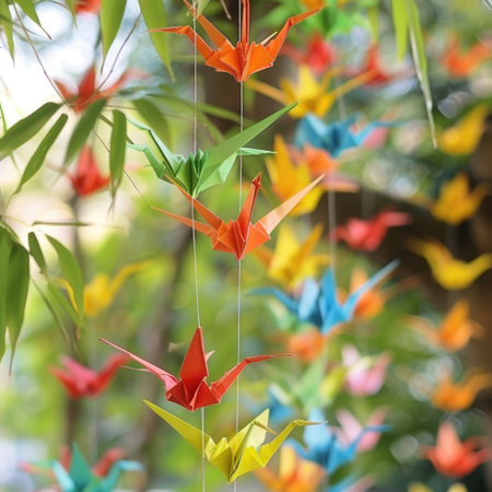 A vibrant display of colorful origami cranes suspended gently among green leaves, creating an enchanting atmosphere perfect for arts, crafts, and nature lovers.の素材