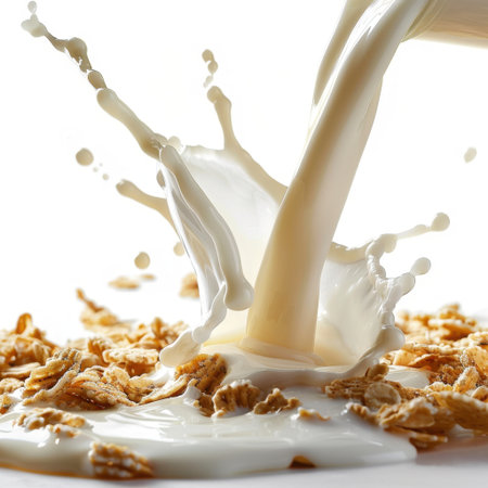 A captivating visual of milk being poured over crunchy cereal, creating dynamic splashes. The image highlights freshness and a vibrant breakfast experience for food photography.の素材