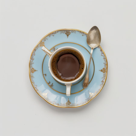 A beautifully arranged cup of coffee on a delicate blue porcelain saucer, showcasing intricate designs and a silver spoon, perfect for an elegant setting.の素材