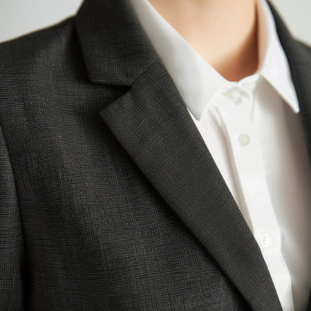 A close-up image showcasing a tailored black suit jacket paired with a crisp white shirt, emphasizing the elegance and sophistication of modern business attire.の素材