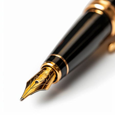 This image showcases an elegant gold-tipped fountain pen, emphasizing its luxurious design and fine craftsmanship, perfect for promoting writing and stationery themes.の素材