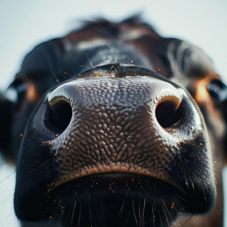 This stunning close-up image captures the textured snout of a cow, showcasing intricate details against a soft, blurred background, emphasizing nature's beauty.の素材