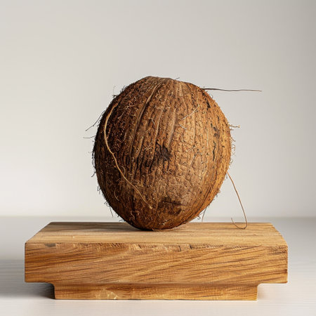 A brown coconut rests elegantly on a stylish wooden stand. The image highlights the unique textures and shapes, perfect for promoting natural and healthy living.の素材