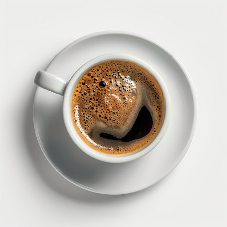 A minimalist top view of a white coffee cup filled with rich, dark espresso showcases the inviting foam, perfect for coffee enthusiasts and lovers of minimalist design.の素材