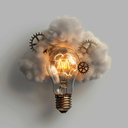 This artistic image features a glowing light bulb surrounded by gears and clouds, symbolizing creativity and innovation, perfect for projects focused on inspiration and ideas.の素材