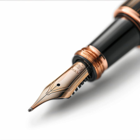 A close-up of an elegant fountain pen displaying a finely crafted nib, highlighting the premium quality and luxurious design, perfect for writing enthusiasts and professionals.の素材