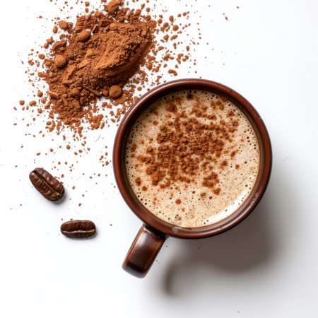 A rich cup of coffee topped with cocoa powder and accompanied by coffee beans, set against a clean white background, perfect for morning beverage ideas.の素材