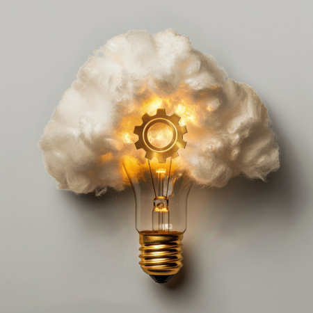 A creative depiction of a light bulb surrounded by cotton clouds, representing innovation and bright ideas, perfect for showcasing concepts of creativity and imagination.の素材