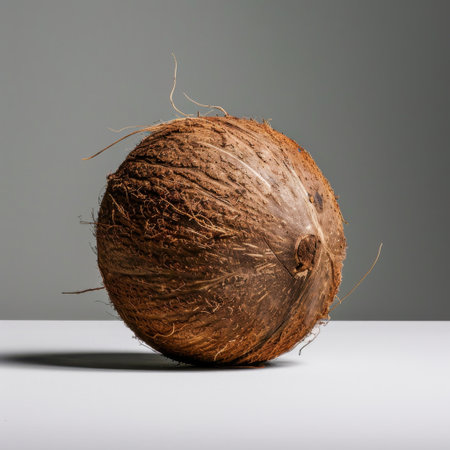 A striking image of a coconut showcasing its rough and textured exterior. Perfect for themes related to health, culinary inspiration, and tropical lifestyle concepts.の素材