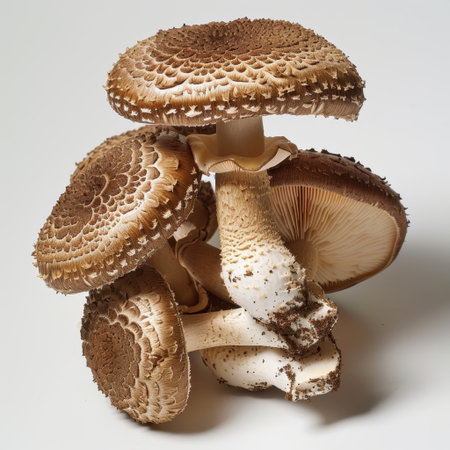 A stunning close-up of fresh wild mushrooms showcasing unique textures and colors, perfect for culinary or natural themes, highlighting their beauty and diversity.の素材