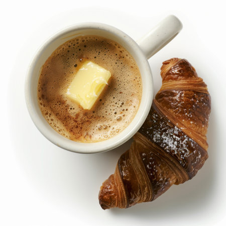 Enjoy a delicious breakfast combination featuring a buttery croissant and rich coffee. Perfect for cozy mornings, this image captures warmth and indulgence.の素材