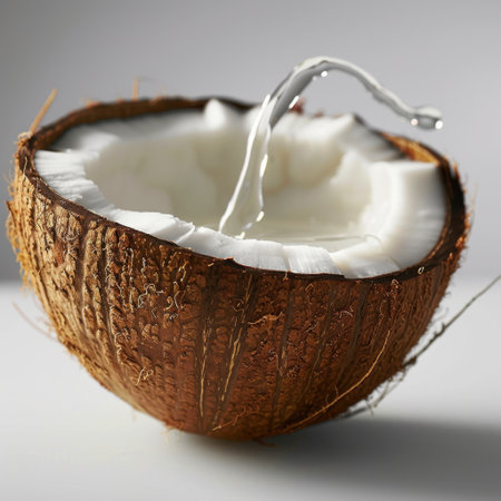 This image features a fresh coconut with water splashing from it, set against a light background. It symbolizes health and tropical enjoyment, perfect for culinary uses.の素材
