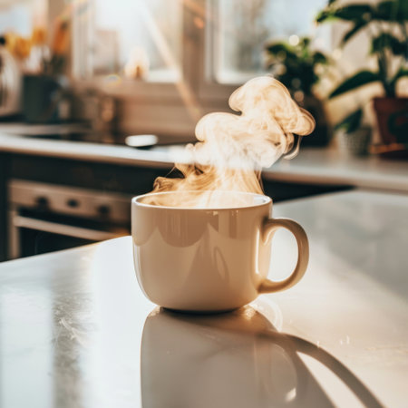 A serene kitchen scene featuring a steaming cup of coffee on a countertop. Soft light highlights the mug, creating a cozy atmosphere perfect for morning rituals.の素材
