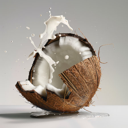 A fresh coconut shell breaks open, releasing vibrant milk in a dramatic splash. This image captures the essence of tropical freshness and culinary creativity.の素材