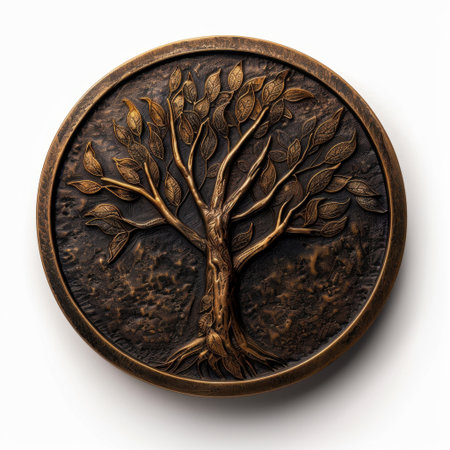 This bronze tree emblem showcases intricate details of leaves and roots, perfect for decorative projects or as a unique artistic element in various designs.の素材