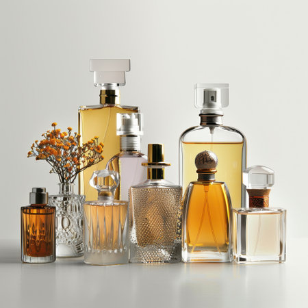 This image features an elegant arrangement of various perfume bottles alongside vibrant flowers, set against a light background, perfect for beauty and fragrance themes.の素材