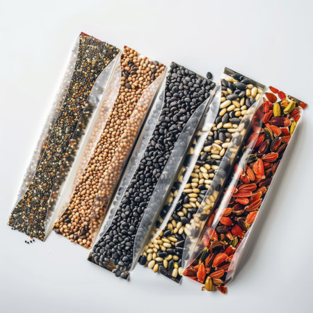 A visually striking collection of assorted dried seeds and legumes in clear packaging. Perfect for healthy cooking, meal preparation, and plant-based diet enthusiasts.の素材