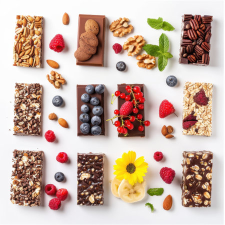 A vibrant display of various healthy snack bars surrounded by fresh fruits and nuts, showcasing an enticing assortment perfect for nutritious snacking, meal prep, or dessert.の素材