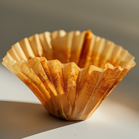 A beautifully lit vintage coffee filter captures intricate textures in warm sunlight, making it an ideal choice for kitchen decor and coffee-themed visuals.の素材