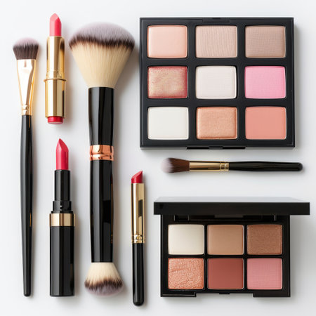 Discover an elegant arrangement of makeup essentials, featuring lipsticks, brushes, and palettes with vibrant colors set against a clean white background, perfect for beauty lovers.の素材