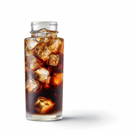 This image showcases a glass container filled with a refreshing cold drink and ice cubes, perfect for summer promotions or beverage ideas to beat the heat.の素材