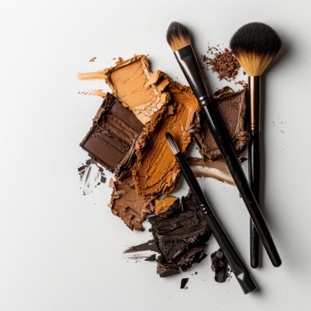 A vibrant arrangement of assorted makeup foundation shades and brushes on a clean white background, perfect for beauty themes, artistic projects, or advertising purposes.の素材