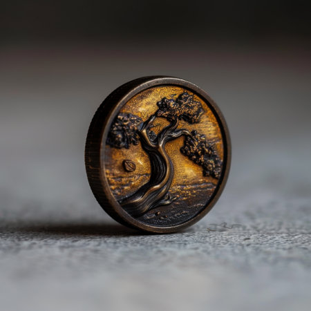 This detailed bronze engraving features a beautifully crafted tree against a textured backdrop, offering a glimpse into nature's artistry with warm hues and soft shadows.の素材