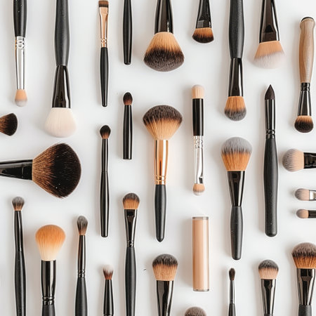 A stunning array of makeup brushes displayed on a clean white background, perfect for beauty enthusiasts and professionals. Ideal for makeup artists and personal use.の素材