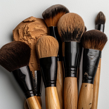 A detailed close-up of various makeup brushes on a clean white surface featuring a foundation swatch, perfect for beauty and cosmetics-related projects.の素材