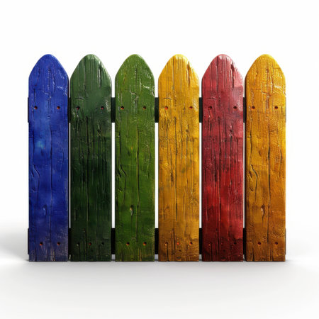Brightly painted wooden fence panels in vivid colors create an eye-catching display, perfect for adding charm and character to gardens and outdoor spaces.の素材