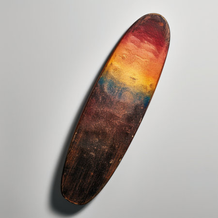This vintage wooden skateboard showcases a striking sunset gradient, adding a nostalgic touch to any space, perfect for enthusiasts and collectors alike.の素材