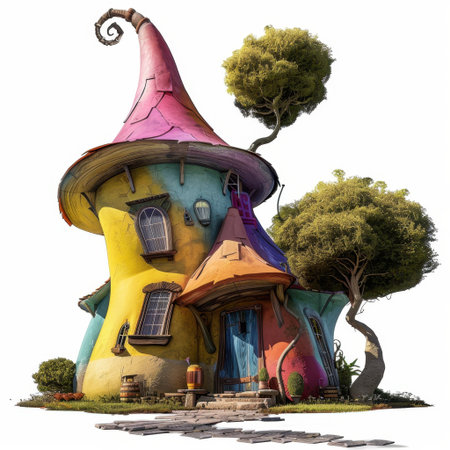 A vibrant and whimsical house captures attention with its unique architecture and bright colors, surrounded by lush greenery and a charming tree, ideal for fantasy projects.の素材