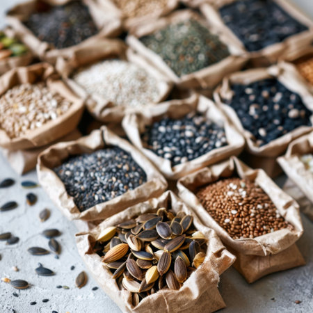 A captivating arrangement of various seeds in craft paper bags showcases their natural textures and colors, perfect for culinary use or healthy diets.の素材