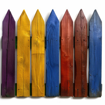 A vibrant arrangement of wooden fence panels showcases a spectrum of colors including purple, yellow, green, red, and brown, ideal for creative garden designs.の素材